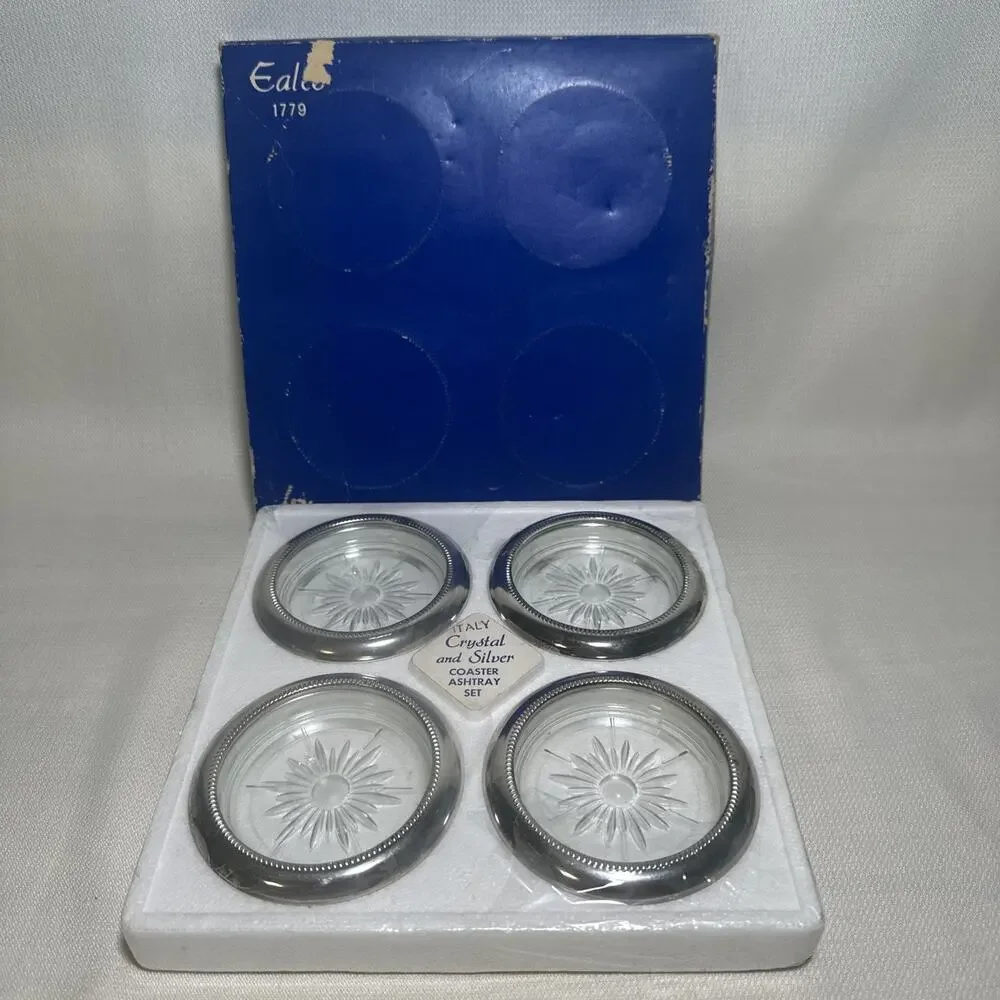 Eales 1779 Leonard Silverplate Crystal Drink Coasters Vintage Set NIB semiSEALED